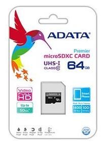 Преносима памет ADATA 64GB, MICROSD, class 10, UHS-I, с адаптер