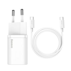 Зарядно устройство Baseus Super, бял, бързо зареждане QC, 25W 1xUSBC + кабел USB-C/USB-C