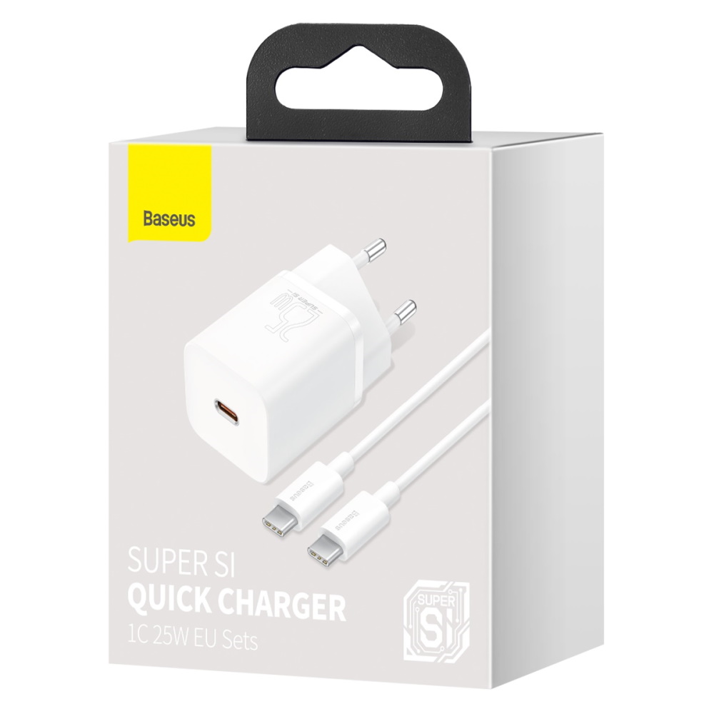 Зарядно устройство Baseus Super, бял, бързо зареждане QC, 25W 1xUSBC + кабел USB-C/USB-C 6 Зарядно устройство Baseus Super, бял, бързо зареждане QC, 25W 1xUSBC + кабел USB-C/USB-C - Image 6